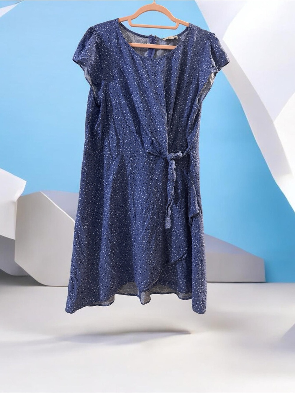 LOFT Navy Blue Dot Tie-Waist Casual Dress